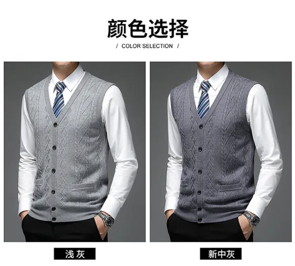Design Cable Knit V-Neck Cardigan Vest Burgundy Outerwear - 10