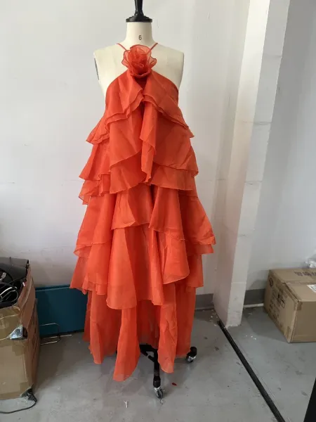 Design Ruffled Halter Neck Tiered Dress in Coral Pink Dress - 4