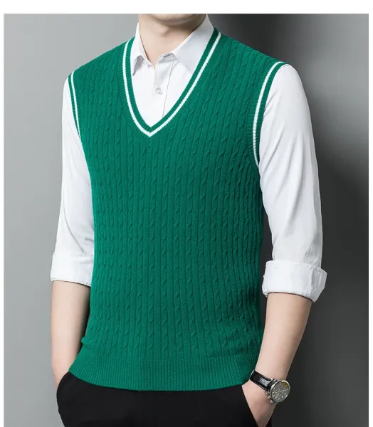 Design Cable Knit V-Neck Vest Green Vest Top - 16