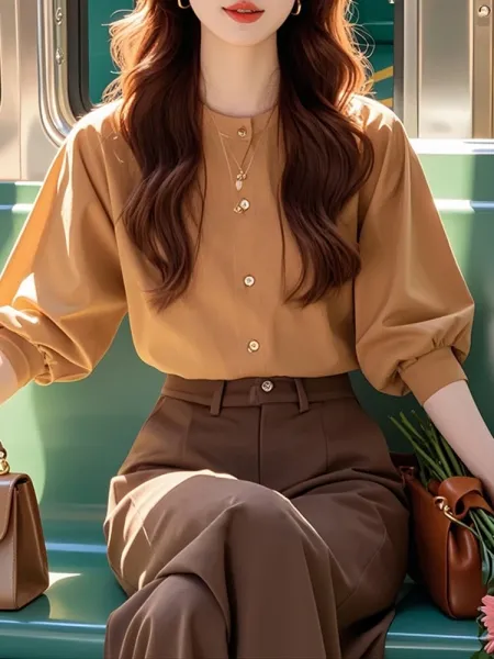 Design Button-Up Blouse in Camel with Puffed Sleeves and High-Waisted Brown Trousers Shirt - 9