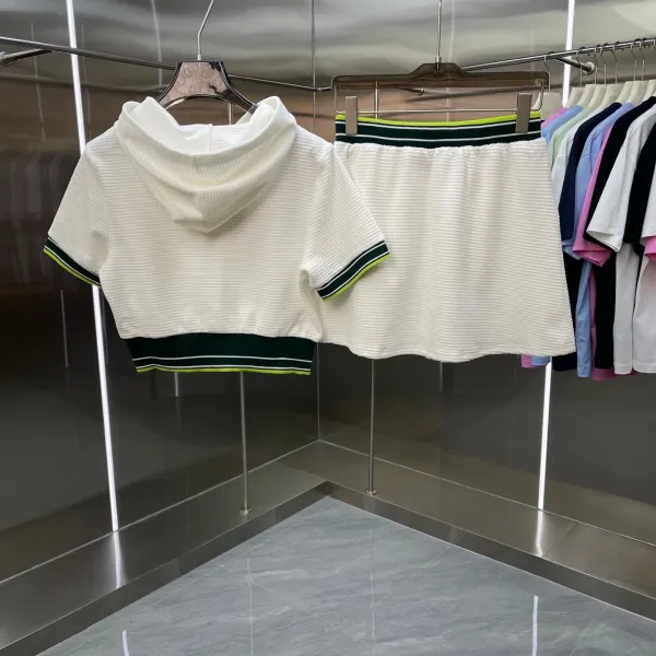 Casablanca Ribbed Cropped Hoodie and Shorts Set White with Neon Green and Dark Green Trim - 10