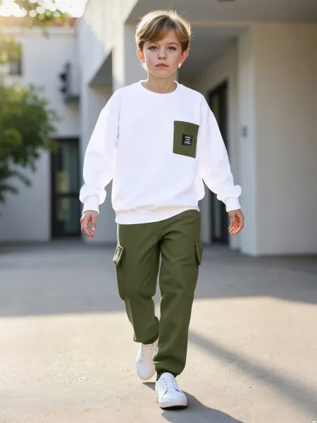 Design Oversized Pocket Sweatshirt and Cargo Pants Set in White and Army Green Casual Set - 8
