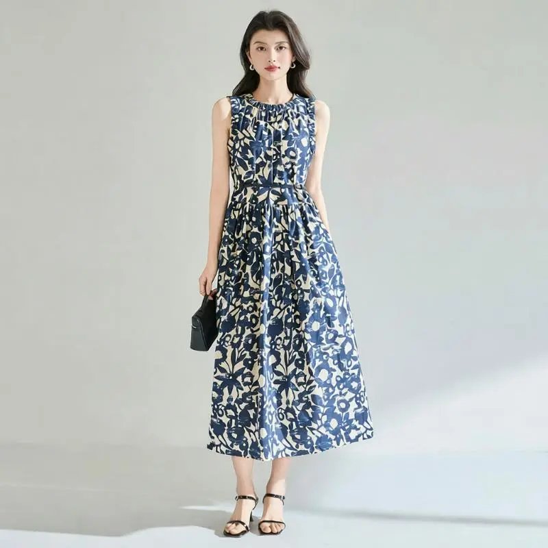 Floral Print Sleeveless Navy Blue Midi Dress