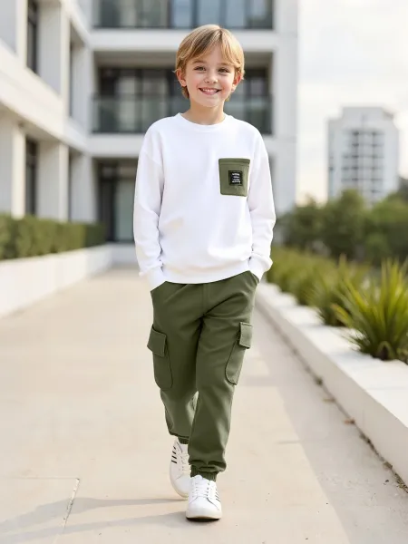 Design Oversized Pocket Sweatshirt and Cargo Pants Set in White and Army Green Casual Set - 10