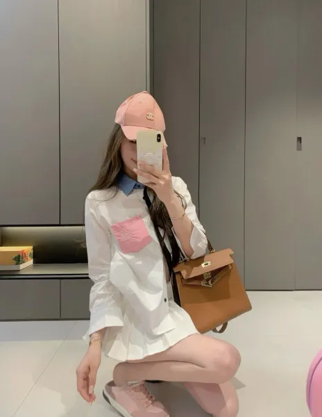 Design Patchwork Button-Down Shirt White with Black Placket and Pink Pocket + Gray Mini Skirt Tops Shirt - 3