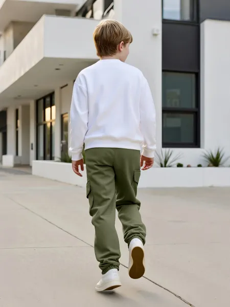 Design Oversized Pocket Sweatshirt and Cargo Pants Set in White and Army Green Casual Set - 12