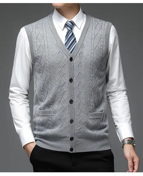 Design Cable Knit V-Neck Cardigan Vest Burgundy Outerwear - 13