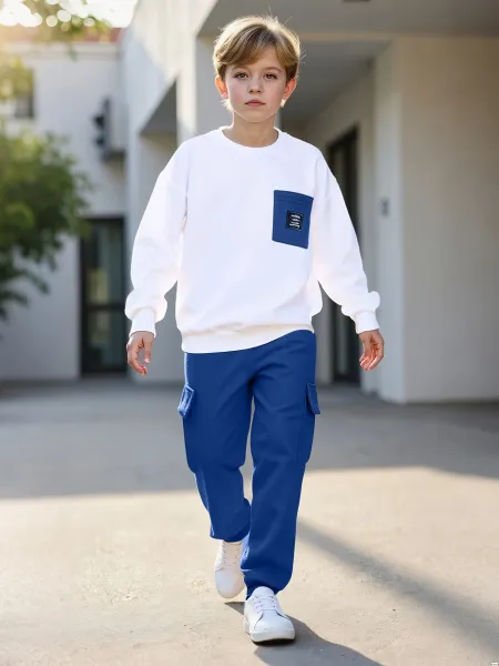 Design Oversized Pocket Sweatshirt and Cargo Pants Set in White and Army Green Casual Set - 13