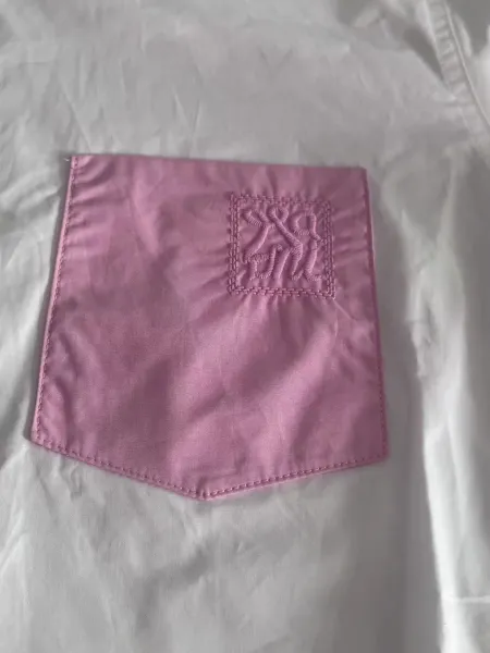 Design Patchwork Button-Down Shirt White with Black Placket and Pink Pocket + Gray Mini Skirt Tops Shirt - 8