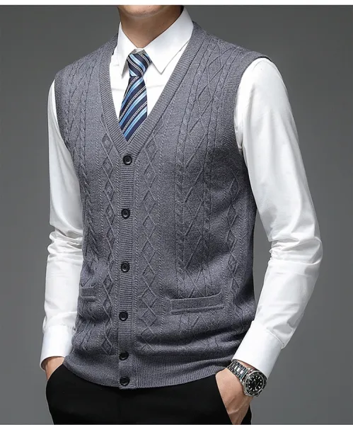 Design Cable Knit V-Neck Cardigan Vest Burgundy Outerwear - 15