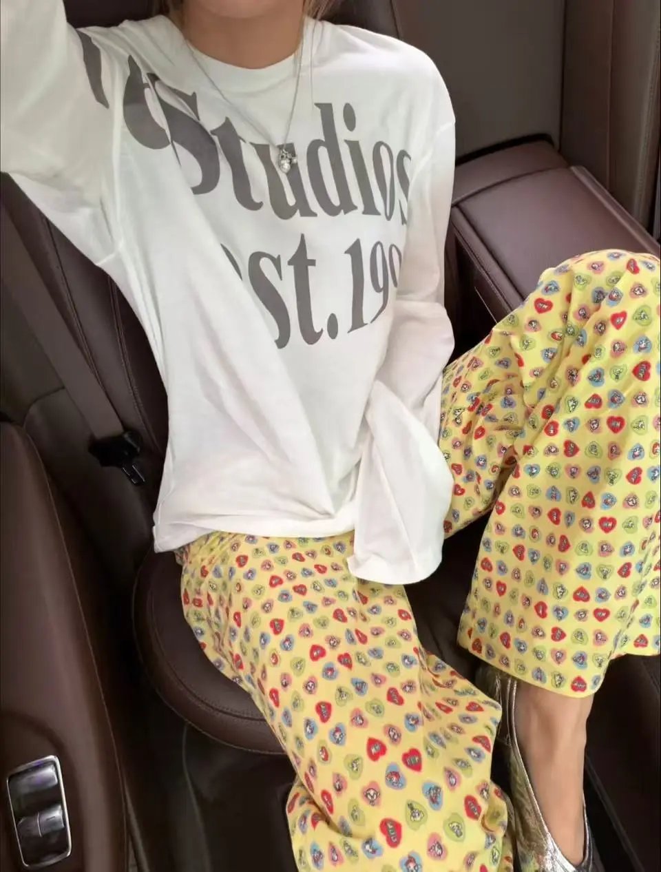 Design Heart Print Wide-Leg Pants Yellow - 25