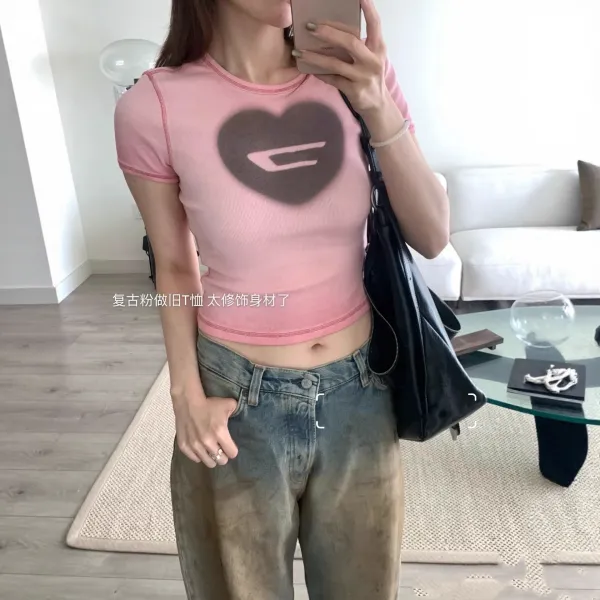 Comme des Garçons Play Heart Logo Ribbed Crop T-Shirt Pink - 4