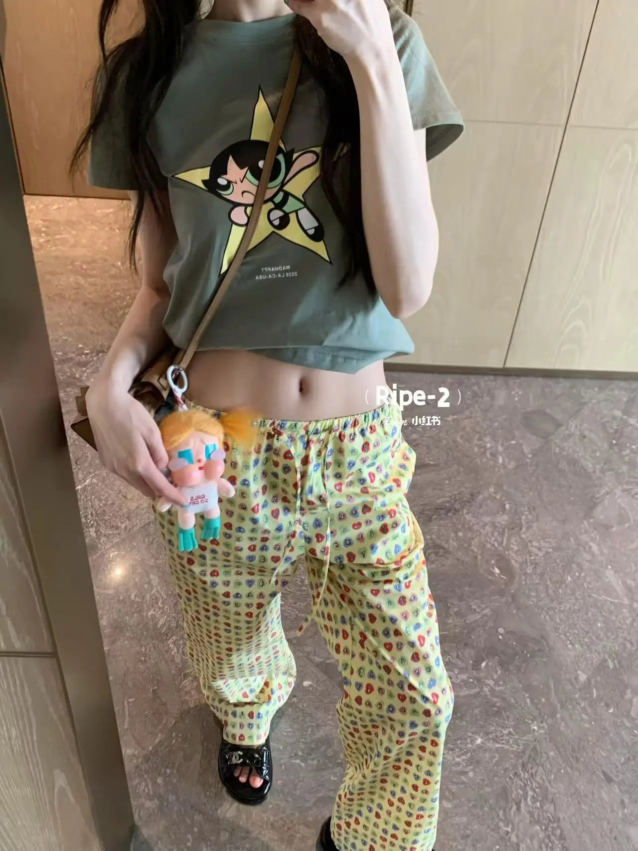 Design Heart Print Wide-Leg Pants Yellow - 28