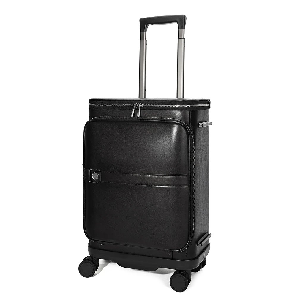 Design Minimalist Leather Rolling Carry-On Suitcase Black