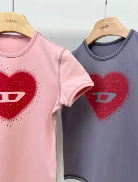 Design Heart Graphic Rhinestone Embellished Pink T-Shirt - 7
