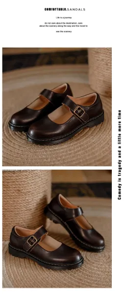 Design Mary Jane Shoes Brown Leather with Buckle Strap - 14