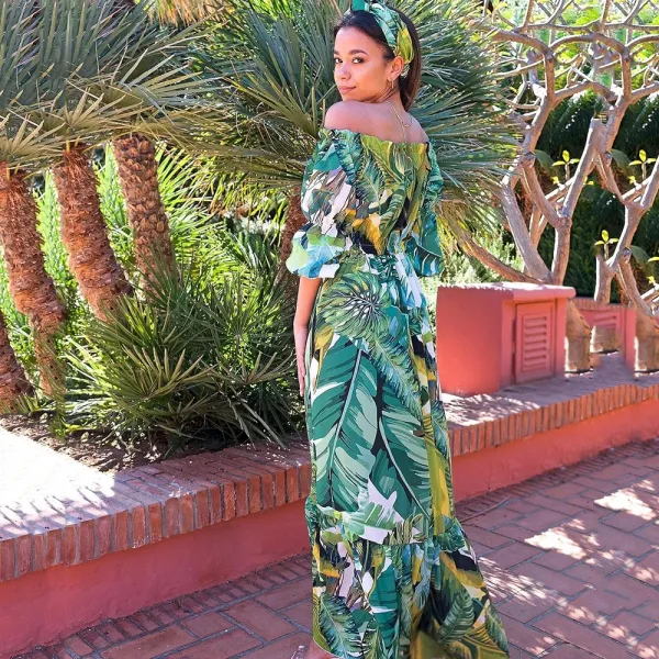 Design Tropical Leaf Print Off-Shoulder Maxi Dress - 5