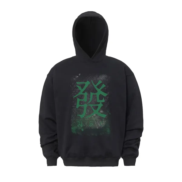 Design Hoodie with Green Kanji Print Black Washed - 9