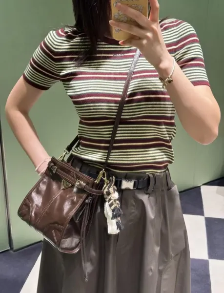 Design Striped Knit Short-Sleeve Top in Burgundy, Green, and Cream Tops - 3