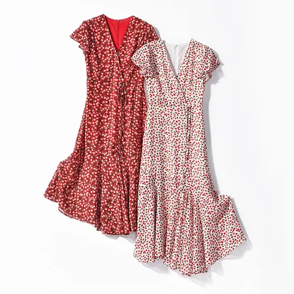 Design Red Floral Wrap Maxi Dress with Ruffle Sleeves Dress - 11
