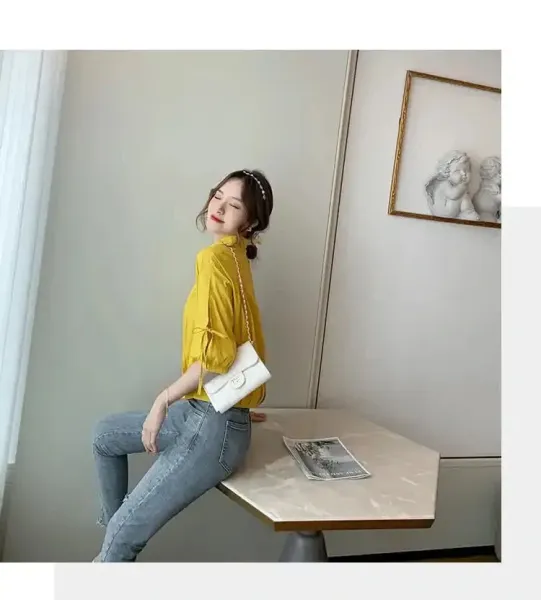 Design Bow-Sleeve Button-Up Shirt White Tops Shirt - 21