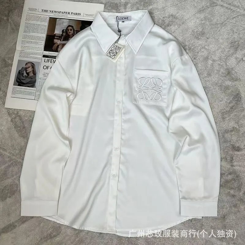 Loewe Silk Shirt Beige Black White Embroidered Logo