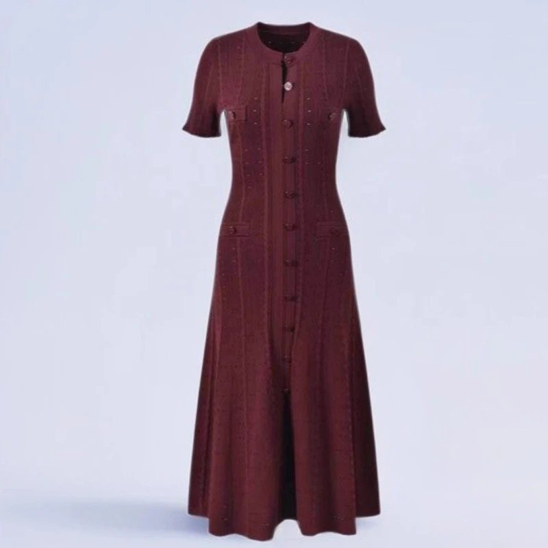 Design Knit Button-Front Midi Dress Burgundy - 29