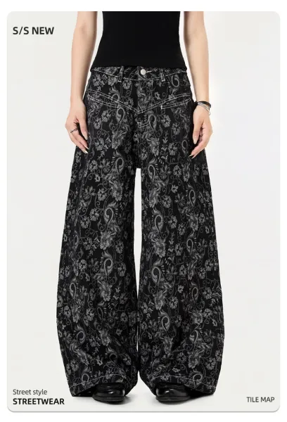 Design Floral Print Wide-Leg Jeans Black - 5