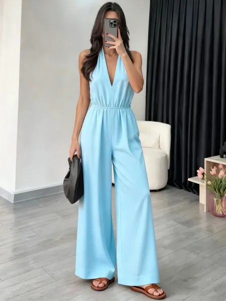 Design Halter Neck Wide-Leg Jumpsuit Black Dress - 14