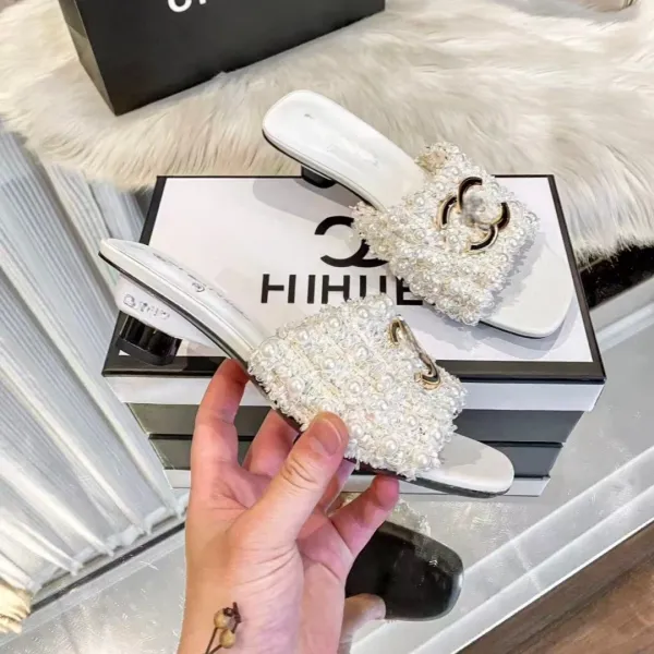 Chanel Pearl-Embellished Mule Slide White Shoes Sandals - 7