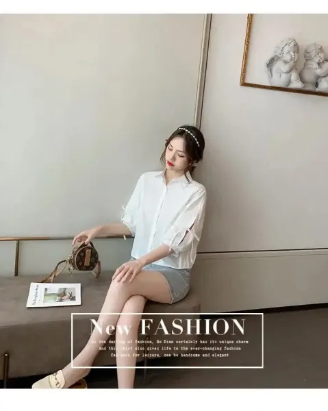 Design Bow-Sleeve Button-Up Shirt White Tops Shirt - 26