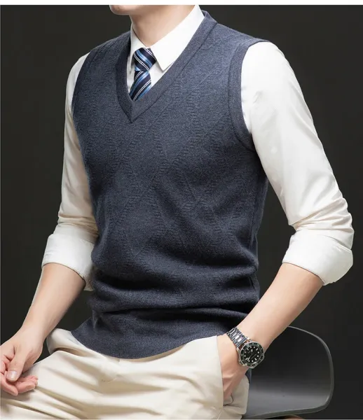 Design V-Neck Knit Vest Navy Blue Vest Top - 46