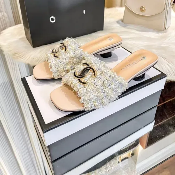 Chanel Pearl-Embellished Mule Slide White Shoes Sandals - 10