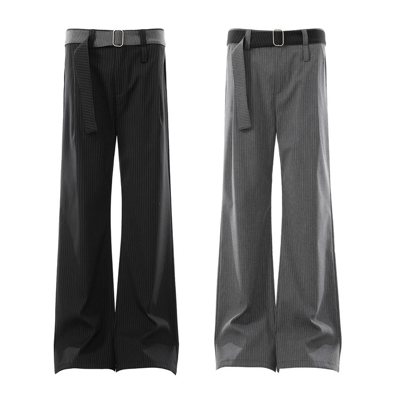 Design Cropped T-Shirt Beige + Pleated Wide-Leg Pants Gray with Belt - 3