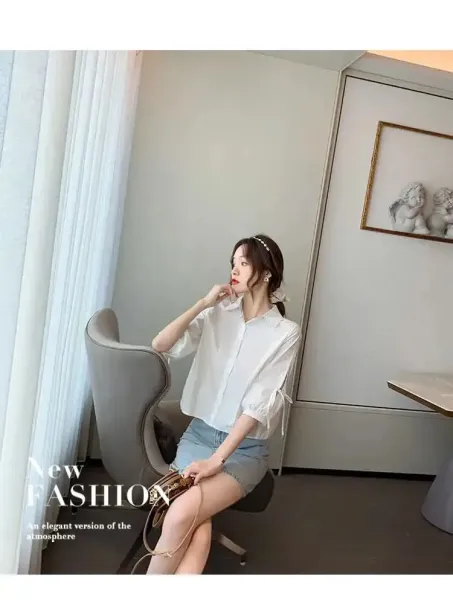 Design Bow-Sleeve Button-Up Shirt White Tops Shirt - 29