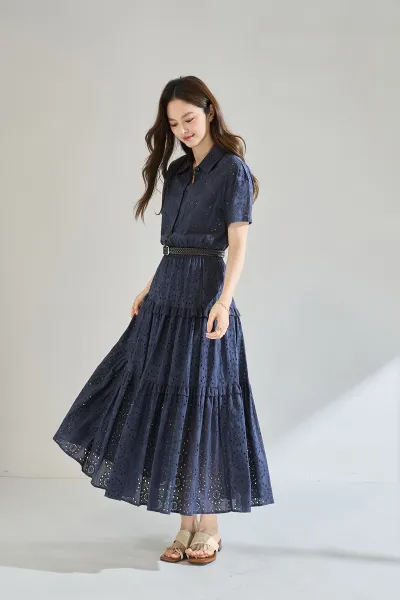 Design Tiered Eyelet Embroidery Shirt Dress Navy - 4
