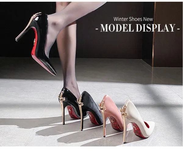 Design Stiletto Heels with Gold Sword Accent Black Heels - 5
