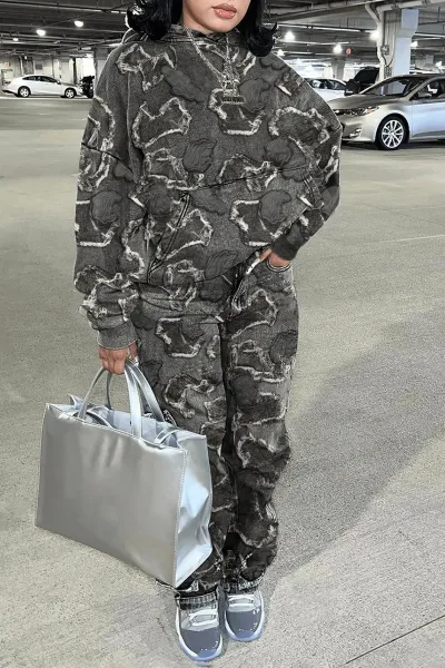 Design Crossbones Print Denim-Style Hoodie and Sweatpants Set Gray - 5