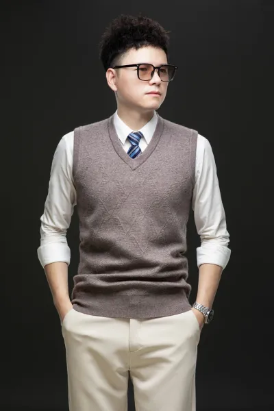 Design V-Neck Knit Vest Navy Blue Vest Top - 69