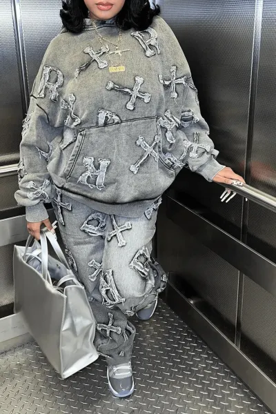 Design Crossbones Print Denim-Style Hoodie and Sweatpants Set Gray - 9