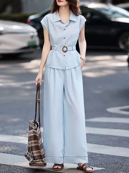 Design Sleeveless Shirt and Wide-Leg Pants Set Navy - 3