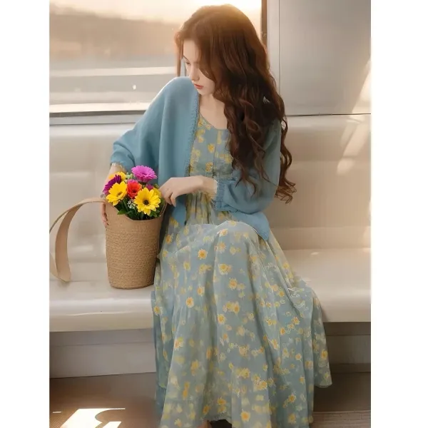 Design Floral Print Midi Dress with Cropped Cardigan in Seafoam Green - 5