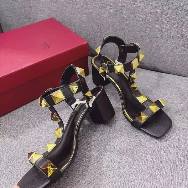 Valentino Rockstud Leather Block Heel Sandals Black with Gold Studs - 1