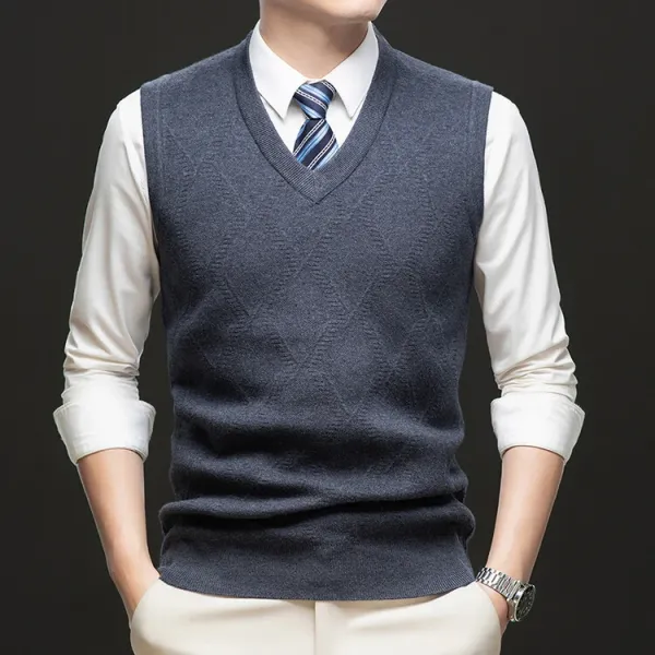 Design V-Neck Knit Vest Navy Blue Vest Top - 96