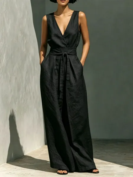 Design Wrap Front Wide-Leg Jumpsuit Black Dress - 6