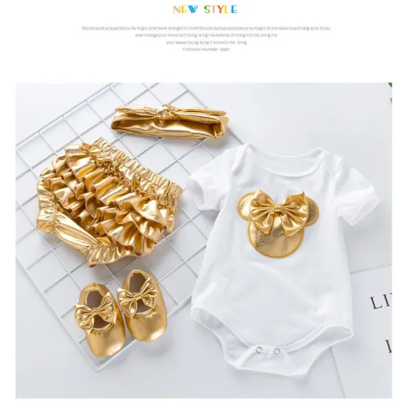 Design Minnie Mouse Leopard Print 'My 1st Birthday' White Bodysuit Set with Gold Ruffled Shorts, Headband and Shoes Sets - 20