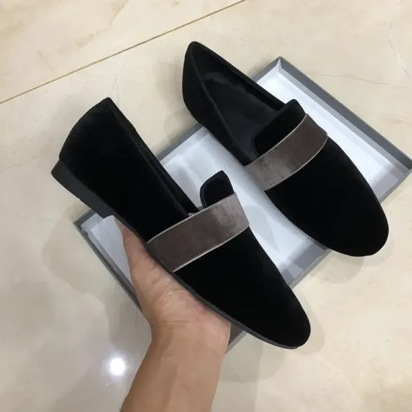 Design Black Velvet Loafers with Taupe Strap Slip-On Shoes Loafers - 6