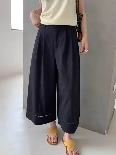 Design Wide-Leg Cropped Pants with Contrast Stitching Black - 15