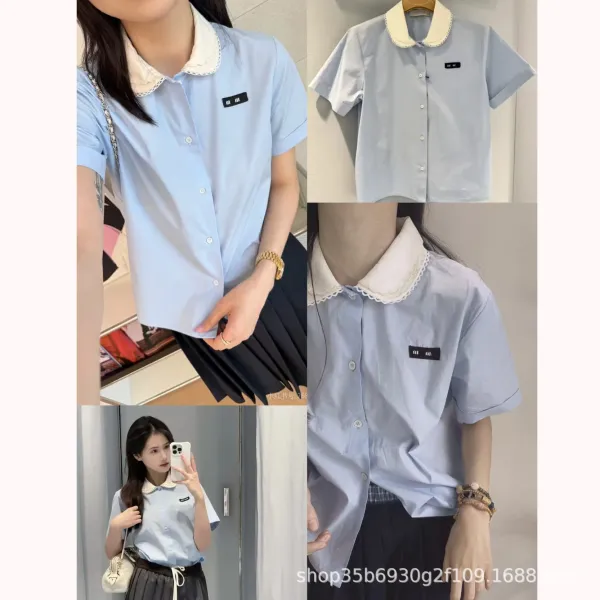 Design Peter Pan Collar Shirt in Light Blue with Lace Trim - 1
