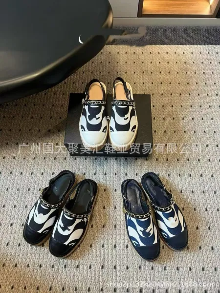 Chanel Mary Jane Espadrilles Navy and White Print Canvas Shoes Casual Shoes - 4